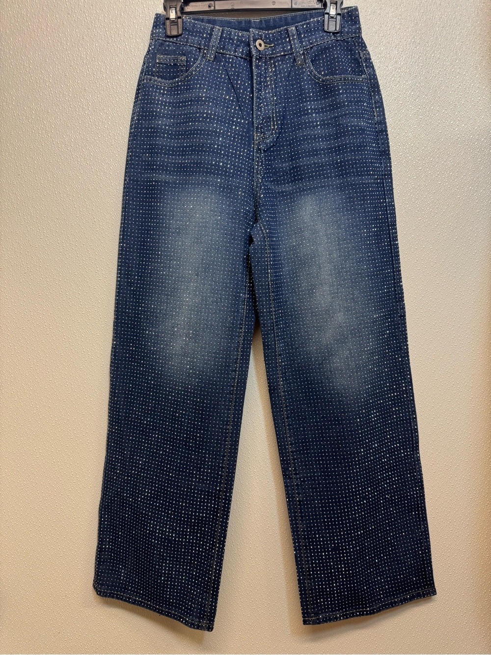 Women's Dark Blue Rhinestone Wide Leg Jeans Sz S (D-90)